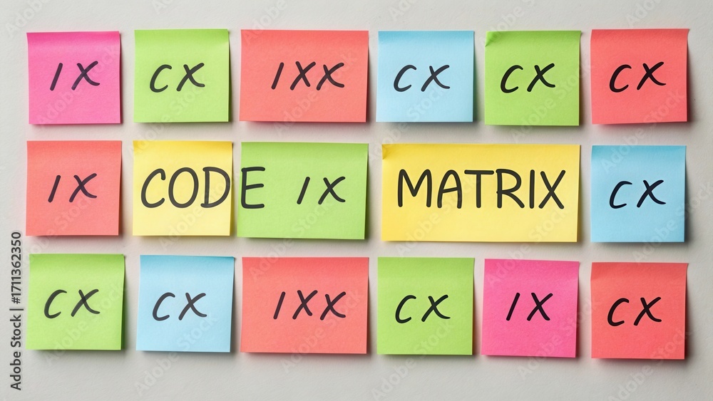 Colorful sticky notes arranged in a matrix pattern with text that ...
