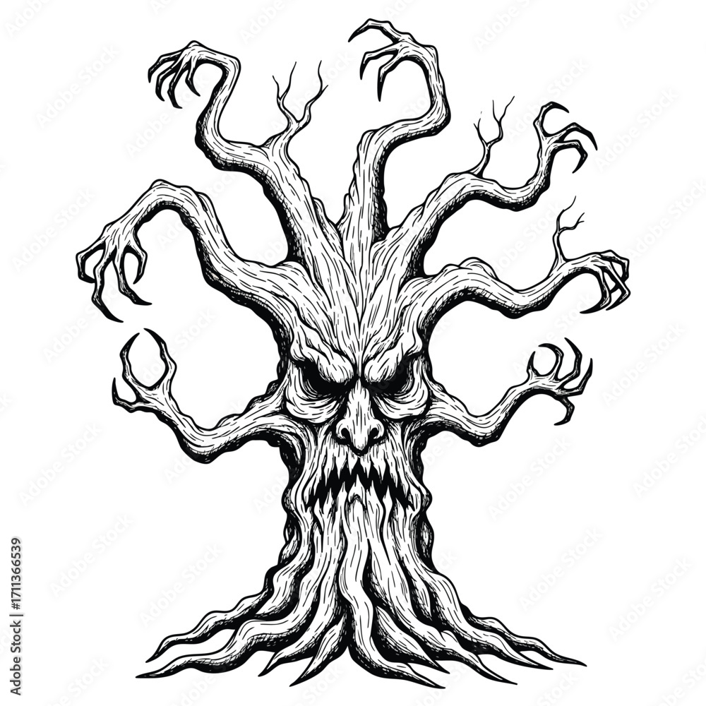 Spooky haunted monster tree with an evil face and gnarled clawlike ...