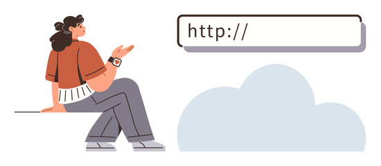 Woman sitting casually beside a browser URL field and cloud icon, symbolizing internet use, cloud technology, and online communication. Ideal for technology, web development, cloud storage