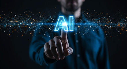 Future of Technology Concept Man Touching Holographic AI Interface Symbol with Connected Data Points and Glowing Light Beams