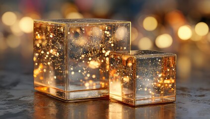 Two glowing, transparent cubes on a dark surface