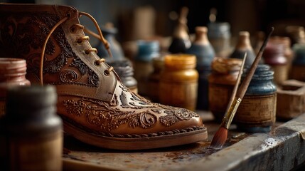 Artisan crafted leather boot with intricate floral embossing detail closeup