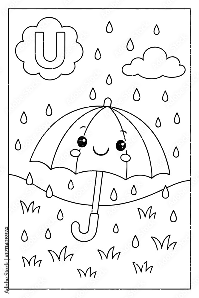 Alphabet coloring page with letter U and a cute umbrella in the rain, a ...