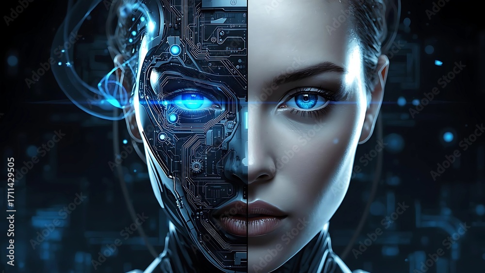 Foto de Stock Beautiful female android portrait with glowing blue eyes ...