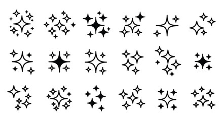 Wall Mural - A collection of black sparkle and starburst icons arranged on white background