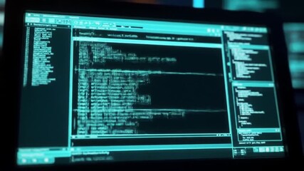 Futuristic coding interface with abstract data stream and running scripts