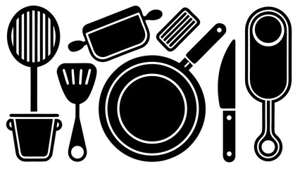 Black and white kitchen utensils including a frying pan, knife, and cooking spoon illustration created with generated ai