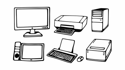 Illustration of various computer hardware components including monitor printer and keyboard setup drawn created with generated ai
