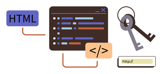Code editor with syntax highlighting, HTML tag, security keys, and web address bar. Ideal for web development, programming, coding, digital security, online access IT concepts simple flat metaphor