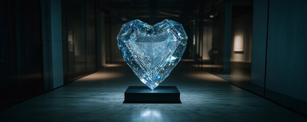 Crystal heart sculpture art gallery modern transparent geometric illuminated luxury. Crystal heart sculpture displayed modern art gallery