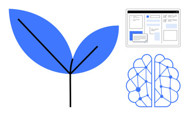 Sprouting plant symbolizing growth, digital brain representing AI, and user interface screen. Ideal for AI, technology, ecology, sustainability, creativity innovation design concepts. Simple flat