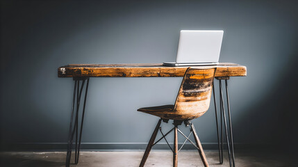 Wall Mural - centered on wooden desk with lone chair and soft morning light