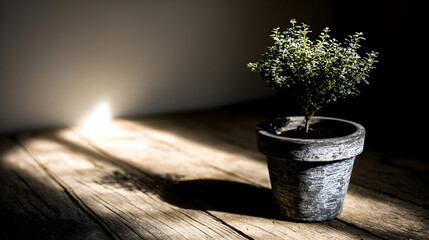 Wall Mural - plant on wooden table in quiet workspace with light gray wall