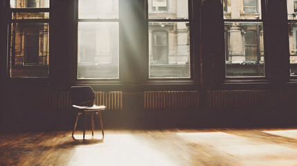 Wall Mural - with only one chair and box under large window with soft light