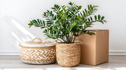 Wall Mural - in pot placed beside moving box with minimalist composition and natural light