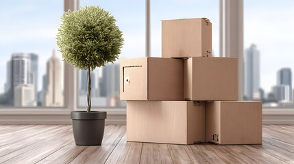 Wall Mural - in pot placed beside moving box with minimalist composition and natural light
