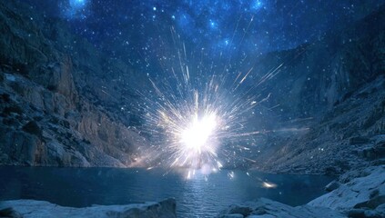 A breathtaking celestial explosion illuminates a serene mountain lake at night, showcasing a vibrant burst of light against a backdrop of stars.