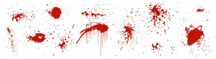 Wall Mural - Blood splatter vector. Red stain texture. Drip splash background. Scary droplet smear. Horror spray shapes. Grunge spot stamps. Abstract isolated blot splash marks. Vampire ink spray pattern bg