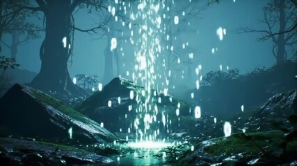 Ethereal binary code ascends from a mystical forest pool, blending nature with digital innovation and ancient wisdom in a captivating, futuristic landscape