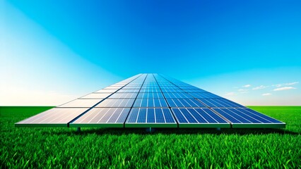 Solar panel array stands in a lush green field under a clear blue sky on a sunny day