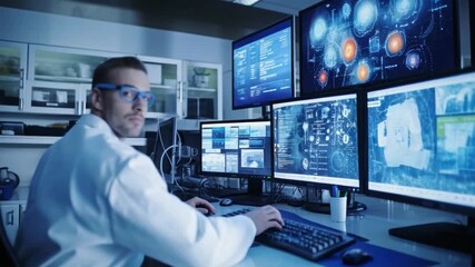 Tech Analyst in Futuristic Lab: A focused tech analyst meticulously monitors data streams, surrounded by an array of vibrant computer displays.