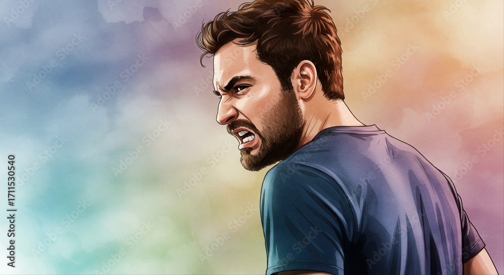 Angry male looking back with intense expression and colorful background ...