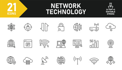 Network Technology line icon set. Set of 21 outline icons related to network, online, internet, wifi and hotspot, cloud, server and others. Editable stroke. Vector illustration.