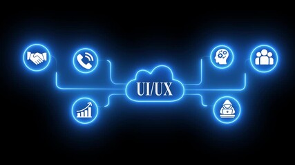 U I U X design cloud network concept with glowing neon icons representing collaboration communication growth user experience and technology on black background animated digital