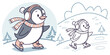 © purnima - Cute cartoon penguins and a snowman illustration in a happy winter holiday vector design