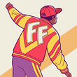 © jubayer71 - Vector illustration of a man in vibrant streetwear jacket with FF letters and red cap, modern hip hop urban fashion artwork for style, clothing, and creative design projects