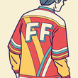 © jubayer71 - Vector illustration of a stylish person wearing a vibrant streetwear jacket with FF letters, retro hip hop inspired urban fashion design for clothing, posters, and creative artwork