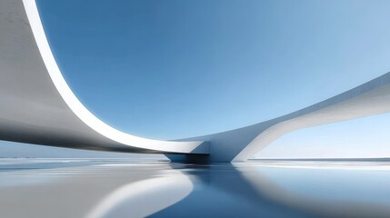 Abstract white curved structure reflecting on water under clear blue sky