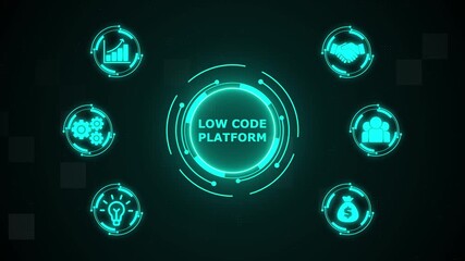 Low Code software development platform technology concept. Hi tech motion graphic background, white flickering dots on background