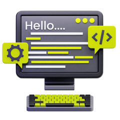 3D rendering of a computer screen showing 'Hello' text and speech bubbles with code symbols, representing programming, coding, and web development