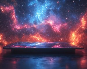 Wall Mural - A sleek modern platform reflects the vibrant colors of a dazzling cosmic nebula in the starry night sky