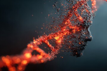 Abstract concept of dna and human evolution, showing glowing particles forming a human face and dna helix structure