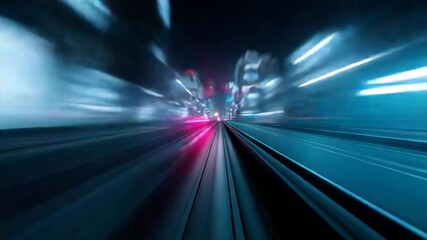 Wall Mural - night cityscape featuring blurred motion along railway tracks, showcasing dynamic speed and futurist