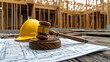 © aiartist - Legal Gavel, Hard Hat, Blueprints on Construction Site Generative AI