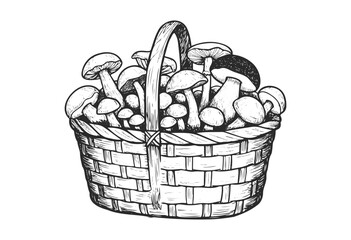 Wall Mural - hand-drawn sketch of woven basket filled with various mushrooms - stock vector