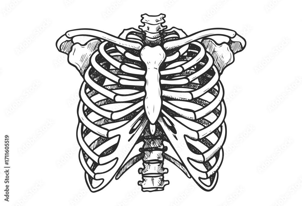 Detailed hand-drawn illustration of human rib cage anatomy - stock ...