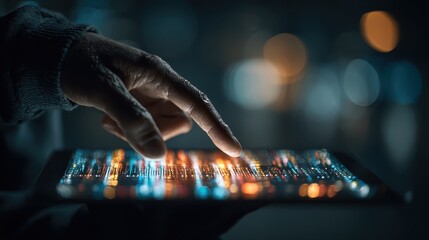 Person touching illuminated display on digital device with city lights bokeh effect in background at night, technology concept