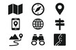 © Another - Navigation and travel silhouette icon set. featuring map, compass, location, globe, direction, path, binoculars, and route symbols
