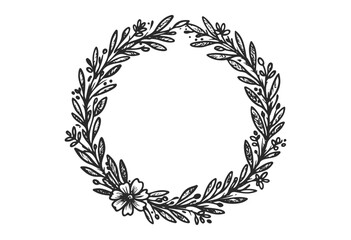 Wall Mural - floral hand-drawn wreath with leaves and flowers in black and white - stock vector