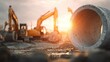 © FaqihCreative - Construction Site With Excavator and Pipe at Sunset