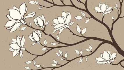 Illustration of a flowering tree branch with white flowers and leaves on a beige background design element