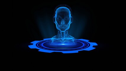 Wall Mural - Futuristic Holographic AI in Digital Dark Blue Setting with Geometric Elements