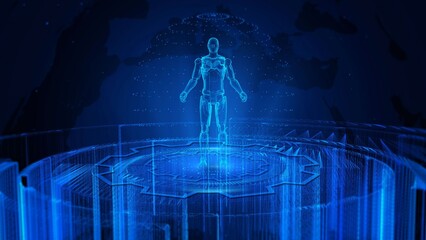 Wall Mural - Futuristic Holographic Human Figure Surrounded by Digital Blue Light Patterns