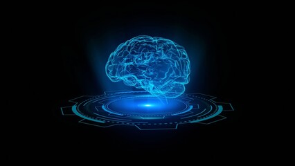 Wall Mural - Futuristic Digital Brain Hologram on a Dark Background with Glowing Blue Lights