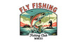 © Elsa - Fly fishing club logo with leaping trout and fisherman in vintage style, ideal design