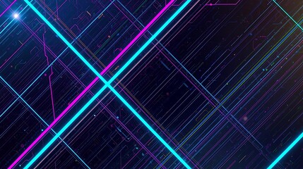 Abstract digital network of glowing neon lines in vibrant pink and blue hues against a dark background, suggesting a futuristic technological theme.